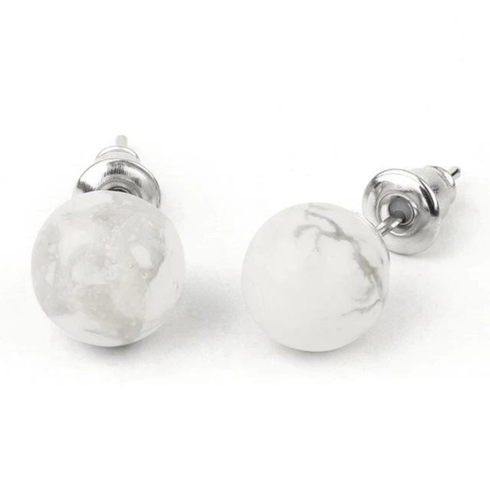 Women's Natural White Turquoise Silver Plated Round Ball Stud Earrings NWT